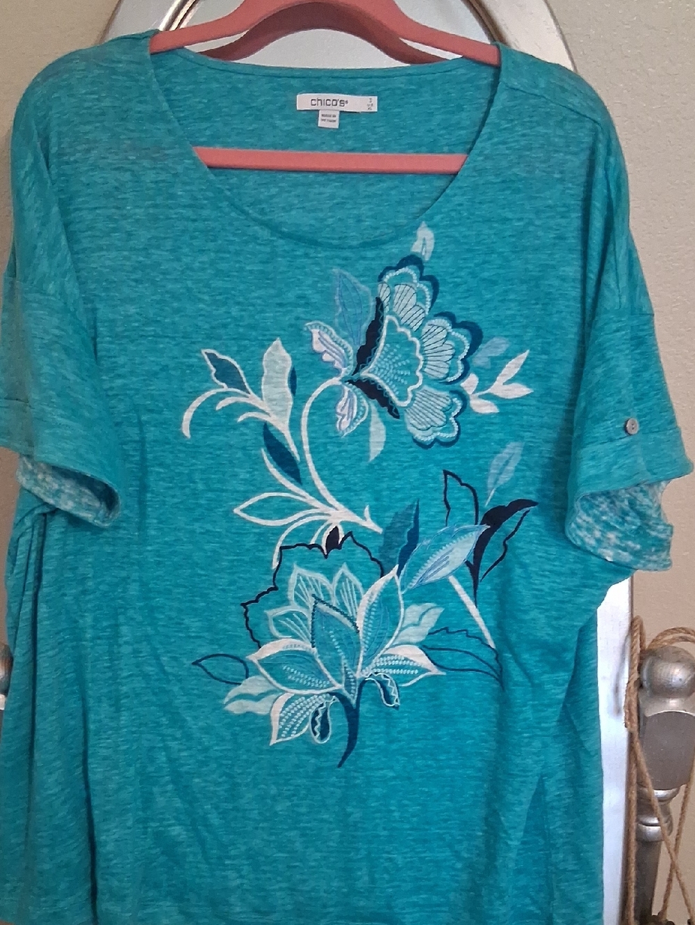 Chico's Teal Floral Embroidered Short Sleeve Scoop Neck Top